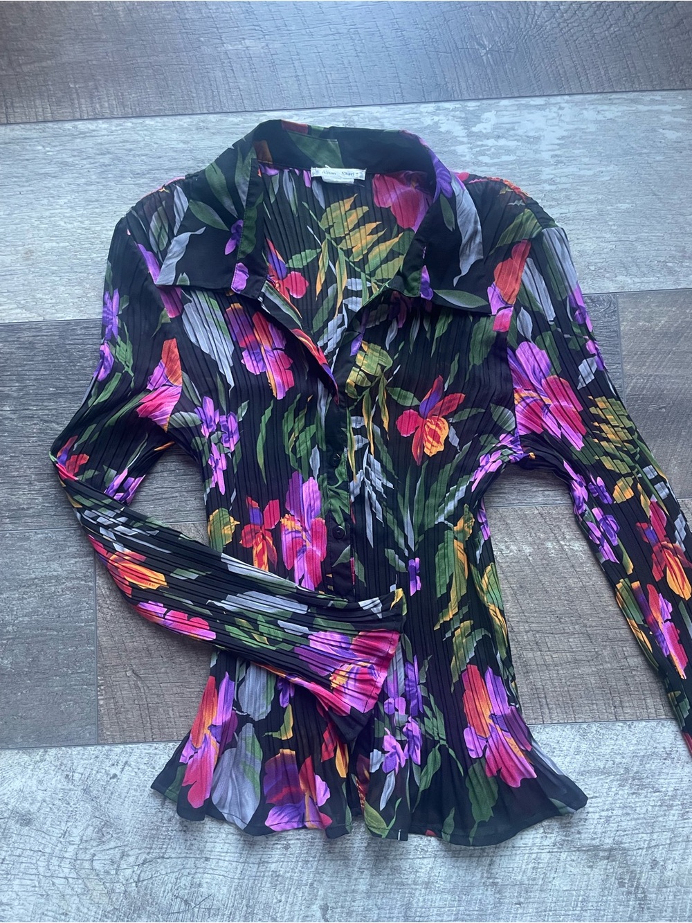 Alison Sheri Black Floral Pleated Long-Sleeve Shirt